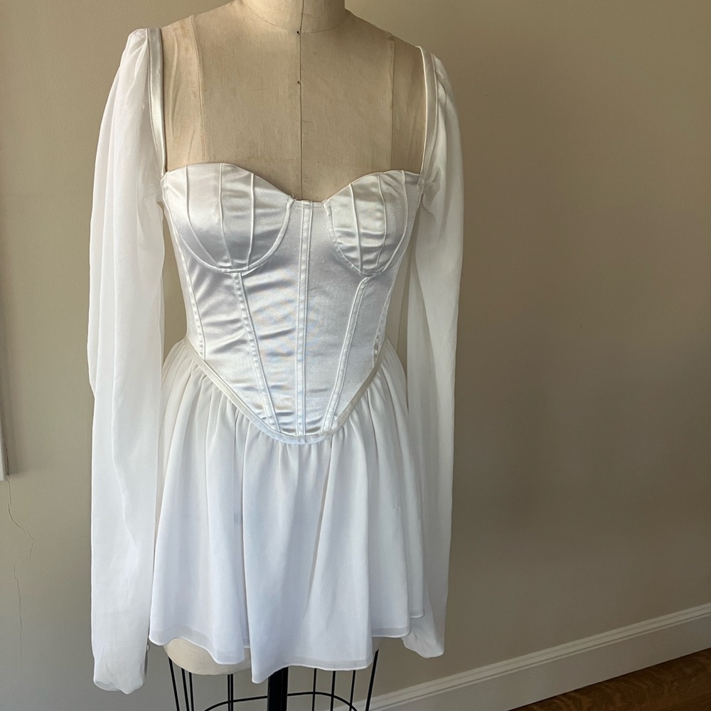 White satin and chiffon corset dress